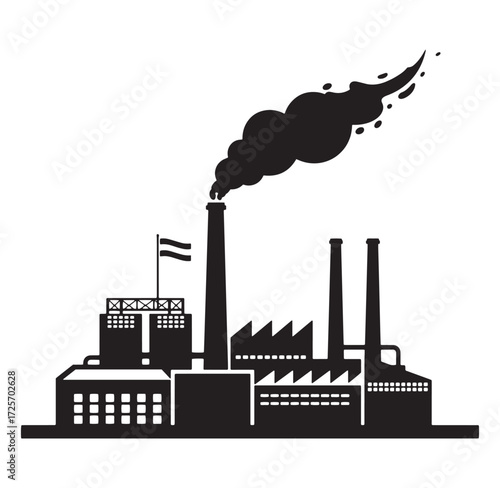 Black and white illustration of an industrial factory emitting smoke into the atmosphere