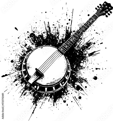  Vibrant monochrome banjo design radiates energy and creativity, blending music and visual art. Perfect for music campaigns, posters, and editorial visuals seeking a bold