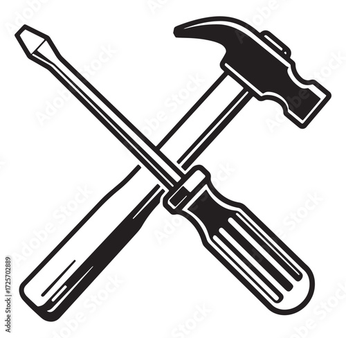 Black and white illustration of crossed hammer and screwdriver construction tools