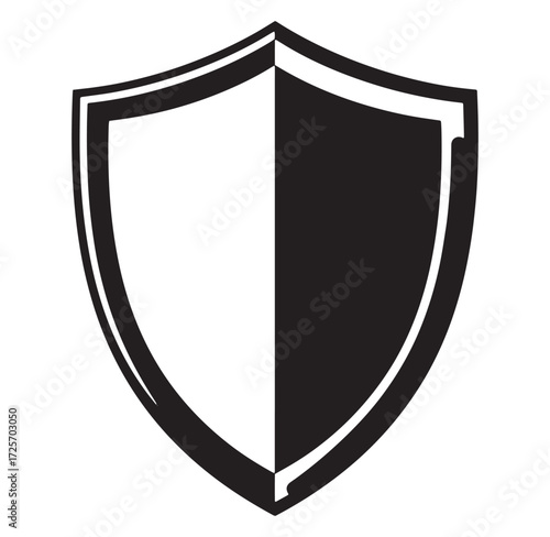 Black and white shield icon symbolizing protection security defense and safety isolated