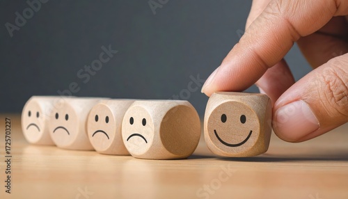 Hand chooses happy face among sad faces on wooden blocks.