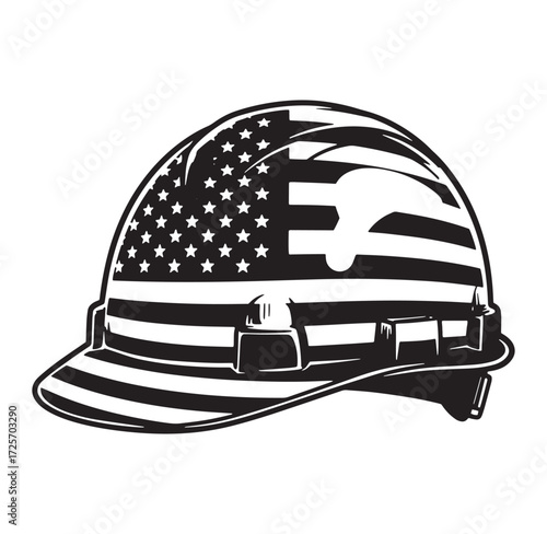 Black and white vector illustration of a us flag design on a construction helmet