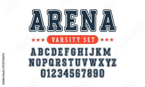 ARENA Alphabet Typeface Vector Pack Bold Varsity Sports Block Letters A–Z and Numbers 0–9, Vintage sport font in American style for football, baseball or basketball logos and t-shirt, easily editable 