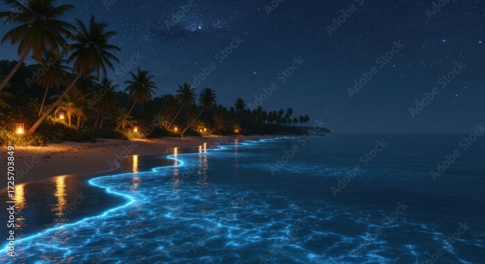 Obraz premium Night beach with bioluminescent waves, palm trees, and lanterns