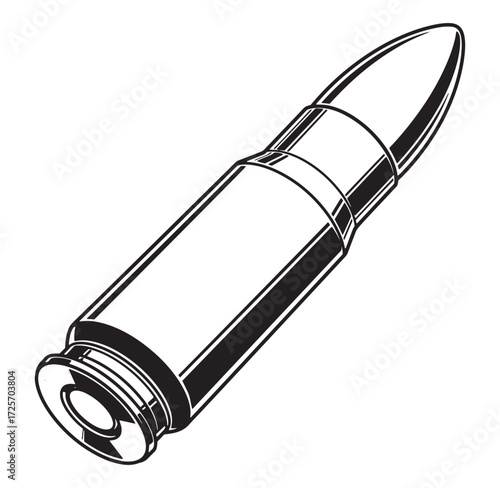 Detailed black and white illustration of a single bullet isolated on a white background