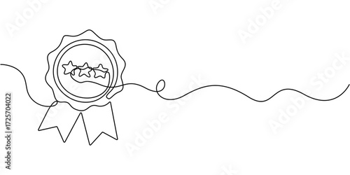 Continuous one line art drawing of champion winner trophy, Award winning ribbon in simple linear style, Single continuous line drawing of the best quality award badge with gold star winning medal.