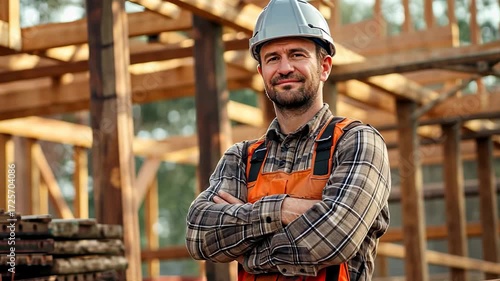 A construction worker poses with confidence at a building site, showcasing his dedication and hard work in progress