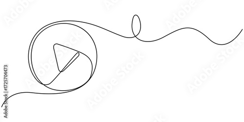 Continuous line drawing of play icon. Media, Video or music player button in linear style. One line drawing. Single line art. Vector illustration. Media, Video or music player button in linear style. 