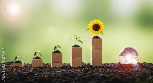 Growth Stages - Seedling to Sunflower with Lightbulb on Soil.