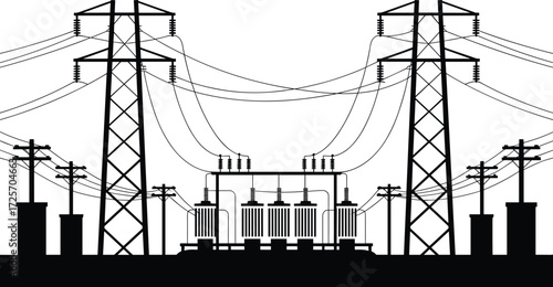 Electric power substation with high voltage transmission towers and distribution poles, vector silhouette for energy infrastructure, utility design, engineering, and industrial projects.