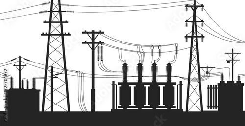 Electric power substation with high voltage transmission towers and distribution poles, vector silhouette for energy infrastructure, utility design, engineering, and industrial projects.