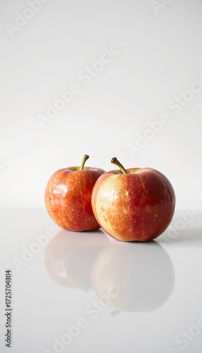 Two red apples on a reflective white surface  