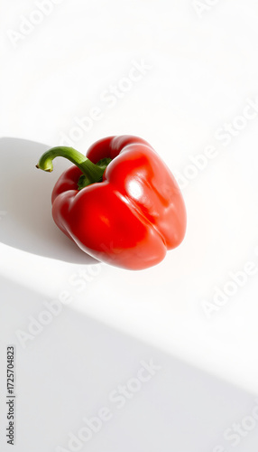 Red bell pepper on white surface in minimalist style  