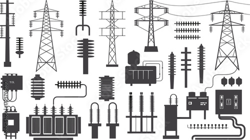 High-voltage electricity pylon with insulators and power lines, vector illustration, industrial energy infrastructure, black and white, minimalist design, electric grid