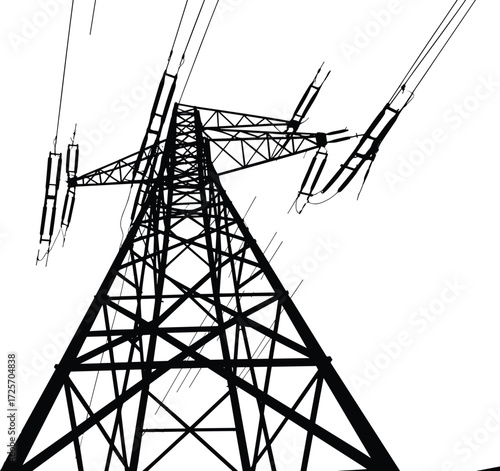 High voltage electricity pylon silhouette, power transmission tower with warning sign, industrial infrastructure, black and white dramatic sky