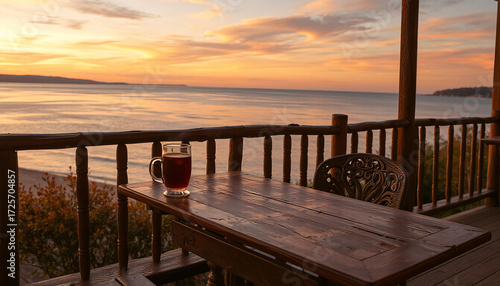 Sunset view from wooden porch with drink on table  