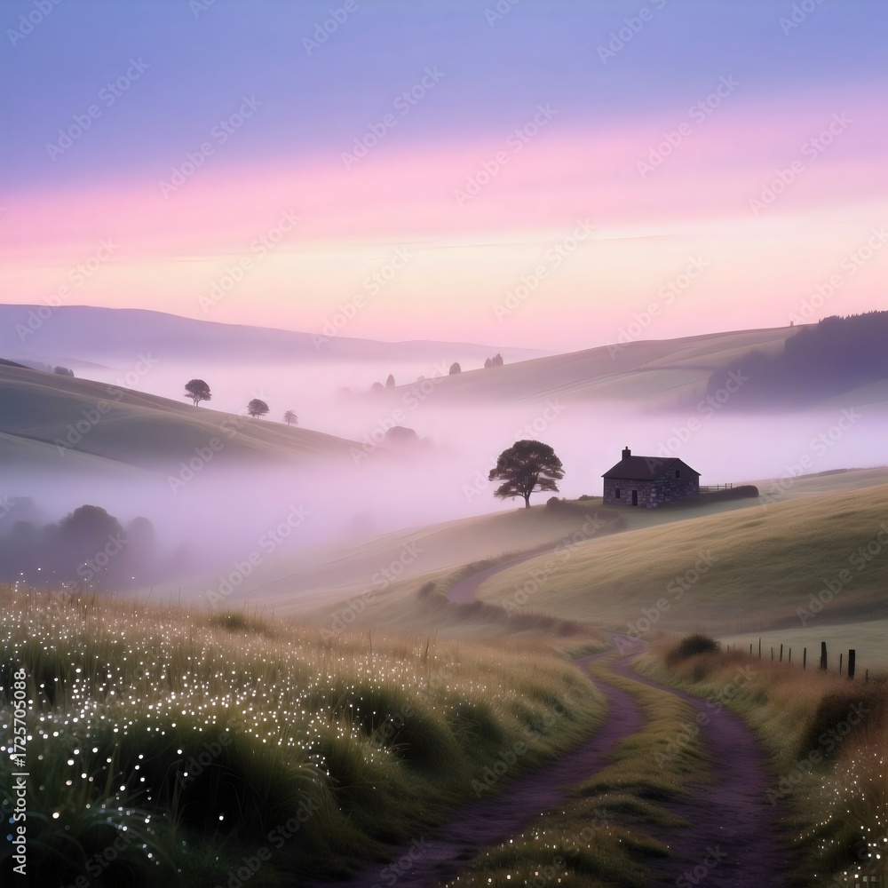 Obraz premium Serene Morning Mist Over Rolling Hills and Stone Cottage Path