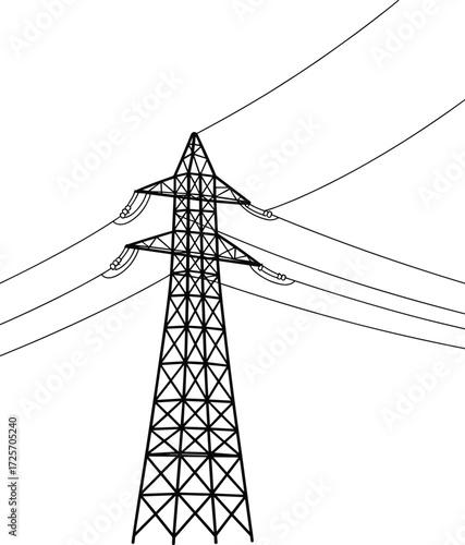 High-voltage electricity pylon with power lines, vector illustration, energy infrastructure, black and white, minimalist design, industrial concept, electric grid
