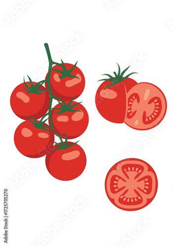 Fresh vine ripe tomatoes with sliced sections showing internal structure.
