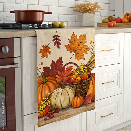 Autumn kitchen towel with pumpkins and leaves on white cabinets  