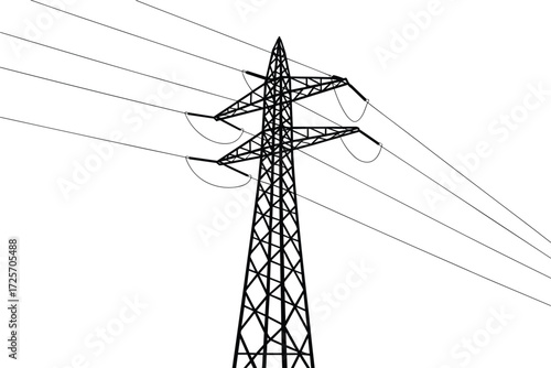 High-voltage electricity pylon with power lines, vector illustration, energy infrastructure, black and white, minimalist design, industrial concept