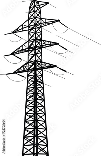 High-voltage electricity pylon with power lines, vector illustration, energy infrastructure, black and white, minimalist design, industrial concept