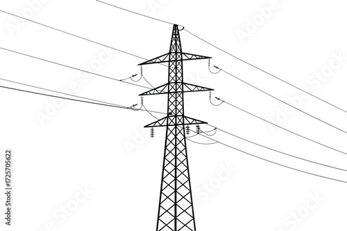 High-voltage electricity pylon with power lines, vector illustration, energy infrastructure, black and white, minimalist design, industrial concept