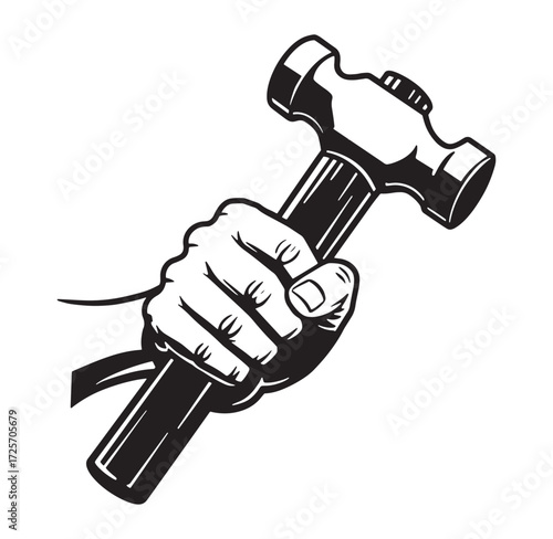 Hand firmly gripping a hammer ready to strike in a bold black and white illustration