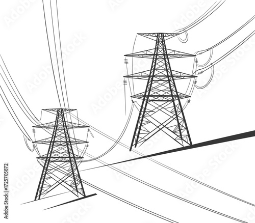 High-voltage electricity pylons with power lines, vector line art illustration, industrial energy infrastructure, black and white, minimalist design, transmission towers