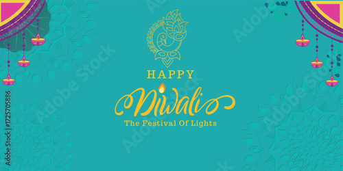 Vibrant teal banner celebrating the Hindu Festival of Lights, Diwali, with traditional cultural Indian decorations