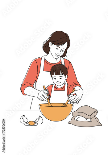 A mother and child happily baking together in the kitchen preparing ingredients for a delicious treat.