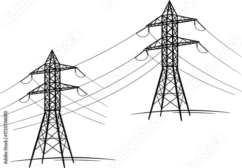 High-voltage electricity pylons with power lines, vector line art illustration, industrial energy infrastructure, black and white, minimalist design, transmission towers