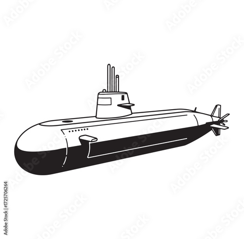 Illustrated black and white silhouette of a submarine isolated on a clean white background