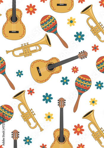 Vibrant and cheerful pattern featuring musical instruments and flowers.