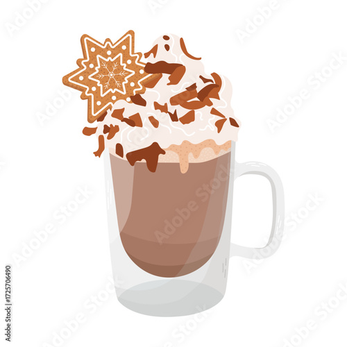 Hot chocolate with cream and gingerbread. Christmas hot drink.