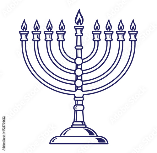 Illustration of a traditional blue outline menorah with lit flames on a white background