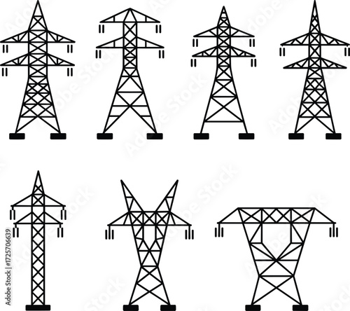 Set of eight high-voltage electricity pylons, vector illustrations, power transmission towers, black and white, industrial infrastructure, minimalist design