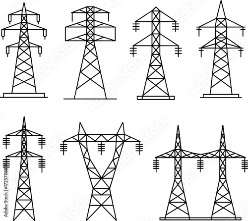 Set of eight high-voltage electricity pylons, vector illustrations, power transmission towers, black and white, industrial infrastructure, minimalist design