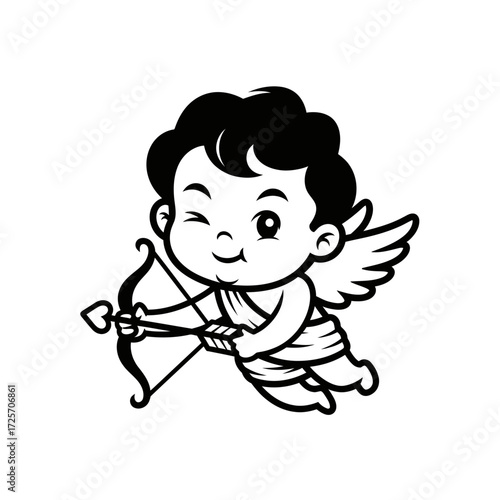 Cute cupid cartoon character winking and holding bow and arrow isolated on white background
