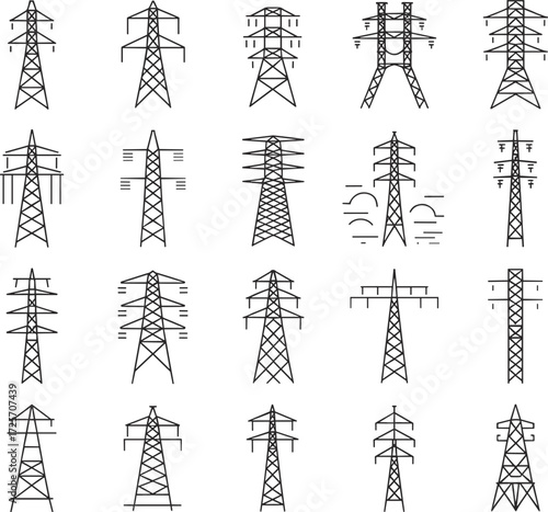 Set of twenty electricity pylons icons, vector line art, power transmission towers, minimalist black and white design, energy infrastructure symbols