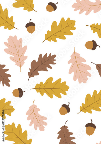 An artistic representation of autumn foliage and acorns scattered across a white background showcasing the changing colors of the season.