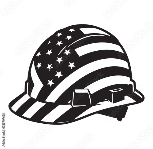 Patriotic hard hat depicting american flag in black and white vector illustration