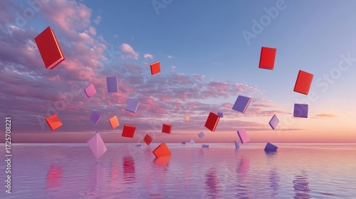 A tranquil seascape showcasing numerous colorful books gently floating in the air above a still, pink-toned ocean at sunrise.