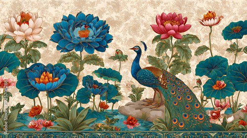Mughal Pichwai garden illustration with lotus, flowers, and peacock for wedding invitation design Stock Illustration