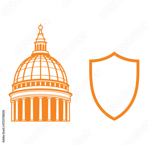 Orange illustration of the us capitol building and a shield signifying protection