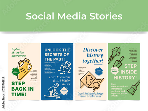 Social media story templates that invite visitors to museum stories with unique events and exhibits.