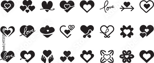 Heart Silhouette Icon Set – Love, Romantic, Wedding, Valentine Vector Symbols