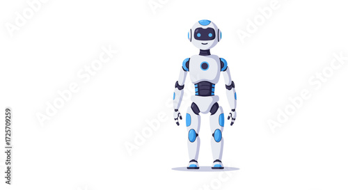 Friendly White and Blue Cartoon Robot Standing Upright.