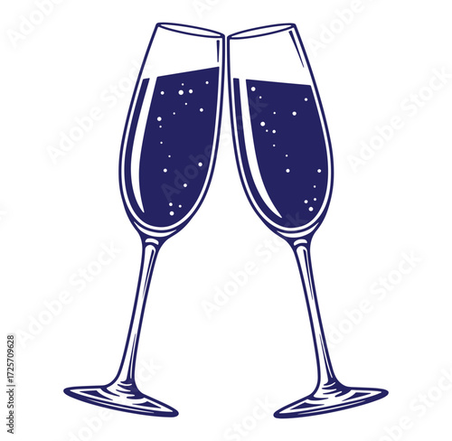 Two champagne glasses clinking celebration toasting with bubbles dark blue elegant vector