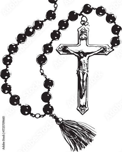 Rosary with crucifix and tassel in black-and-white line art for prayer, faith, and spiritual symbolism